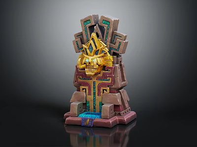 Ancient Decorative Statue With Golden Mask Geometric Structure And Blue Green Accents On Pedestal 3d model