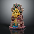 Ancient Decorative Statue With Golden Mask Geometric Structure And Blue Green Accents On Pedestal