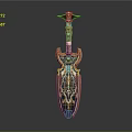 Intricate Golden Sword Sculpture With Ornate Carvings And Gemstone Accents