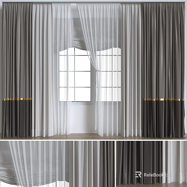Modern Gray And White Curtains Sheer Fabric With Gold Trim By Arched Window 3d model 