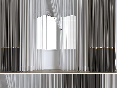 Modern Gray And White Curtains Sheer Fabric With Gold Trim By Arched Window 3d model