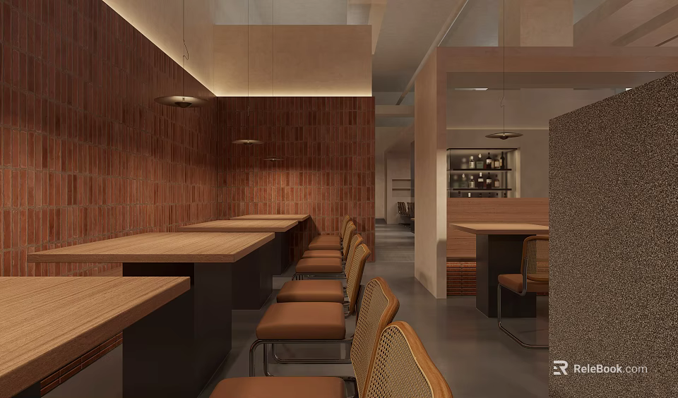 Restaurant Interior With Red Brick Walls Long Wooden Tables And Brown Chairs 3d model 