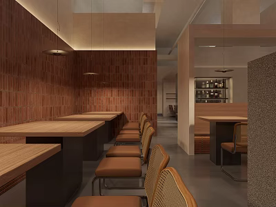 Restaurant Interior With Red Brick Walls Long Wooden Tables And Brown Chairs 3d model