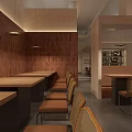 Restaurant Interior With Red Brick Walls Long Wooden Tables And Brown Chairs