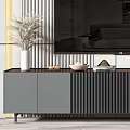 Modern TV Stand with Decorative Items and Striped Wall in Living Room