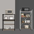 Black and White Kitchen Storage Racks with Wheels Microwave Rice Cooker Spices Jars and Pots