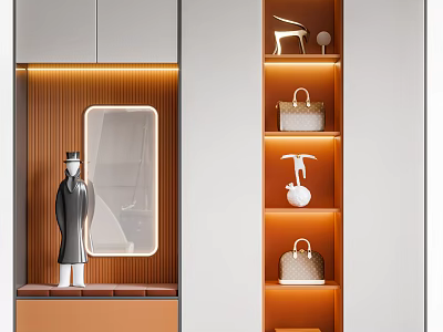 Modern Shoe Cabinet Interior With Orange Shelves Mirror And Decorative Handbags 3d model