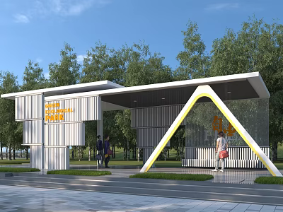 Modern Pergola Structure With White Frame Yellow Accents Among Green Trees In Park 3d model