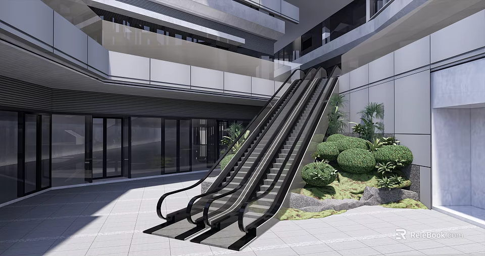 Modern Building Escalator With Glass Doors And Lush Green Plants 3d model 