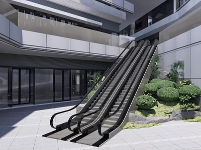 Modern Building Escalator With Glass Doors And Lush Green Plants 3d model