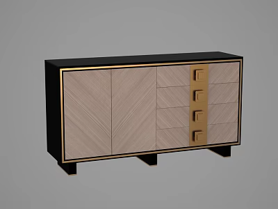 Modern Luxury Sideboard With Black Frame Gold Accents Chevron Wooden Panel And Drawers 3d model