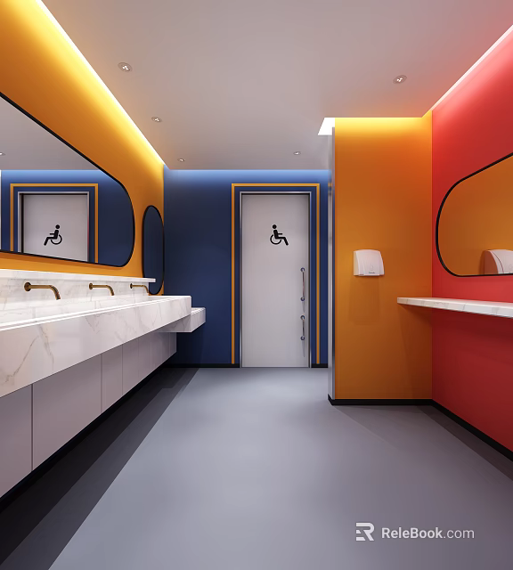 Modern Public Toilet Interior With Accessible Facilities Washbasins Mirrors And Colorful Walls 3d model 