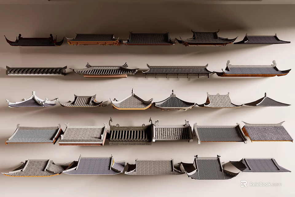 Traditional Chinese Architectural Components Featuring Various Roof Tiles And Eaves Designs 3d model 