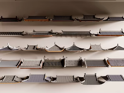 Traditional Chinese Architectural Components Featuring Various Roof Tiles And Eaves Designs 3d model