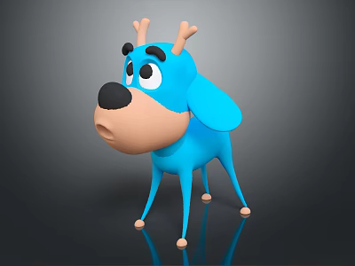 Blue Cartoon Dog Character with Antlers and Surprised Expression 3D Model for Game Animated Film 3d model