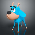 Blue Cartoon Dog Character with Antlers and Surprised Expression 3D Model for Game Animated Film