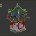Traditional Chinese Pavilion With Green Curved Roof Red Pillars And Stone Base
