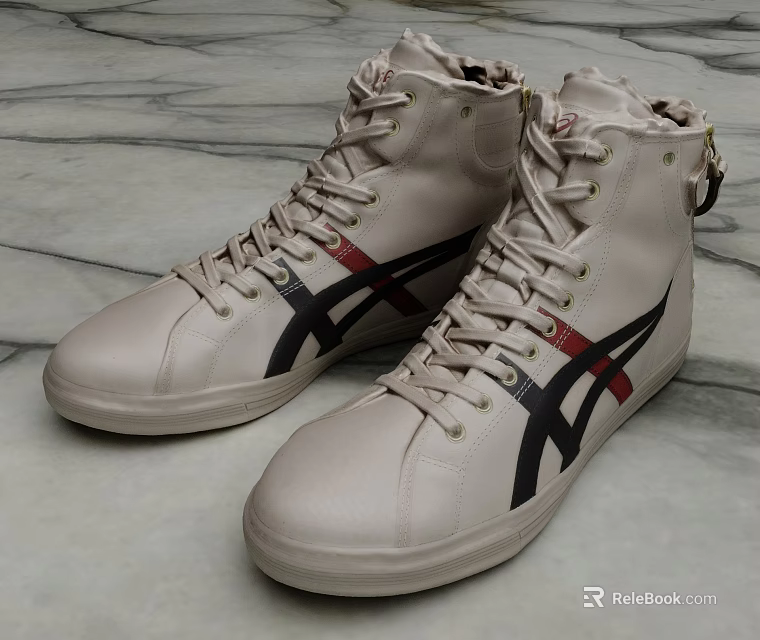 Beige High Top Leather Shoes With Black Red Stripes And White Laces 3d model 