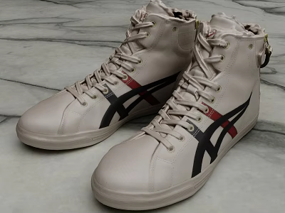 Beige High Top Leather Shoes With Black Red Stripes And White Laces 3d model