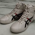 Beige High Top Leather Shoes With Black Red Stripes And White Laces