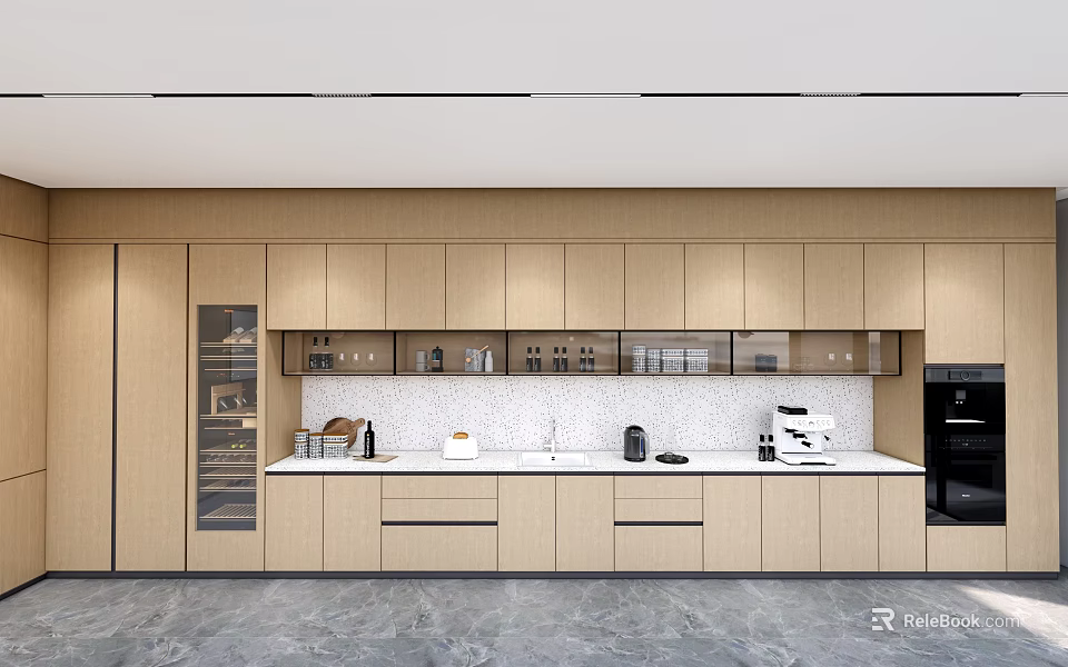 Modern Open Plan Kitchen Interior With Sleek Bar Counter And Built In Cabinets 3d model
