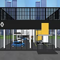 Car Showroom With Glass Facade Black Structure Renault Logo And Cars Inside Urban Background