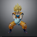 Super Saiyan 3D Model with Blonde Spiky Hair Orange Outfit Crouching Holding Blue Energy Ball