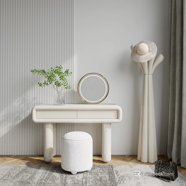Modern Minimalist Dressing Table With Round Mirror White Stool Green Plant And Striped Wall 3d model 