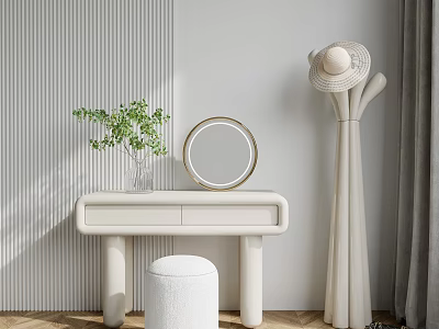 Modern Minimalist Dressing Table With Round Mirror White Stool Green Plant And Striped Wall 3d model