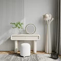Modern Minimalist Dressing Table With Round Mirror White Stool Green Plant And Striped Wall