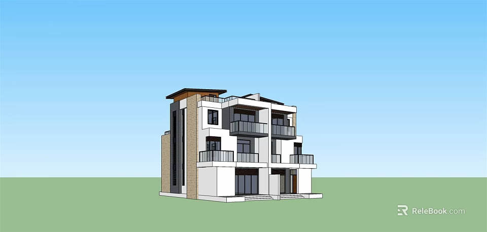 Modern Two Story Semi Detached Villa Exterior With Balconies And Large Windows 3d model 