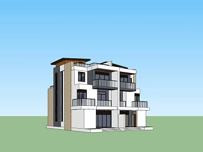 Modern Two Story Semi Detached Villa Exterior With Balconies And Large Windows 3d model