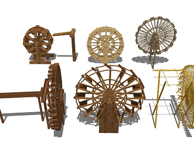 Garden Ornaments With Various Wooden And Metal Decorative Wheel Designs 3d model