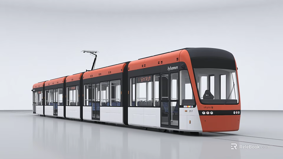 Modern Tram With Orange Black White Exterior Design And Large Windows 3d model
