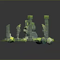 Cartoon Scene With Stone Statues Ancient Columns Central Head Sculpture And Green Grass
