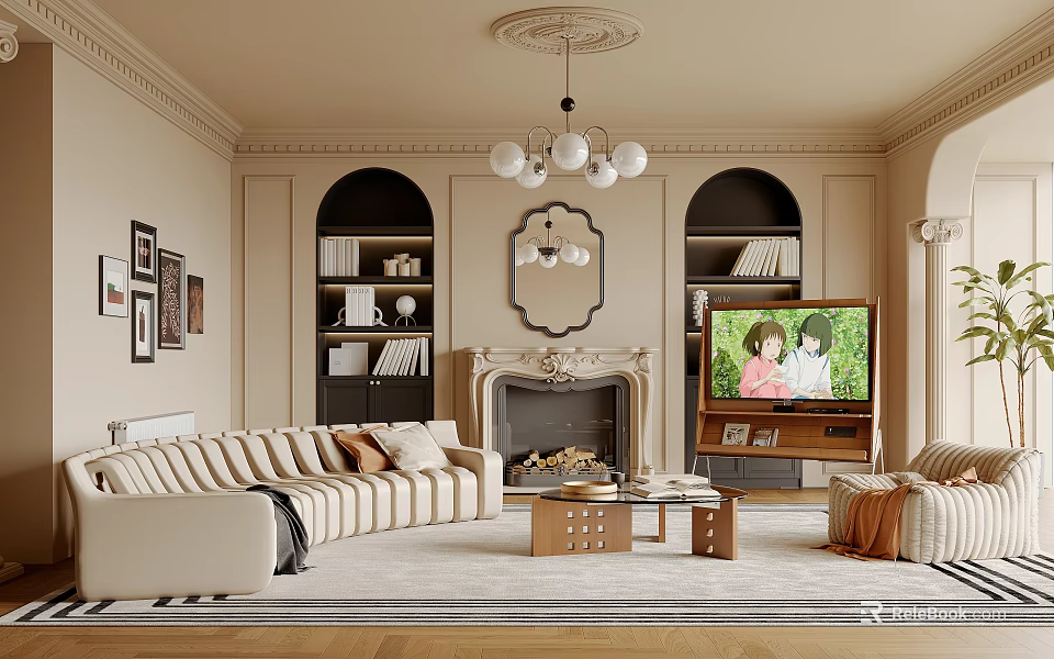 Elegant Living Room Interior Design With Arched Bookshelves Fireplace Chandelier Striped Sofa And Coffee Table 3d model 