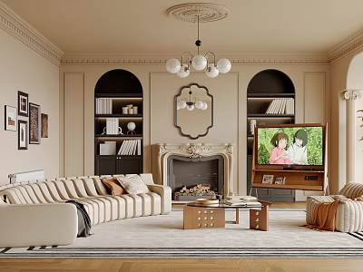 Elegant Living Room Interior Design With Arched Bookshelves Fireplace Chandelier Striped Sofa And Coffee Table 3d model
