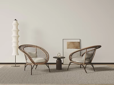 Casual Wicker Sofa Set With Round Table Floor Lamp And Wall Art On Striped Rug 3d model