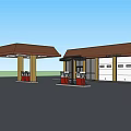 Gas Station Building With Brown Roof And Fuel Pumps In Exterior View