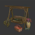 Wooden Swing Chair Setup With Blue Bicycle Plaid Basket And Terracotta Vase With Red Flowers