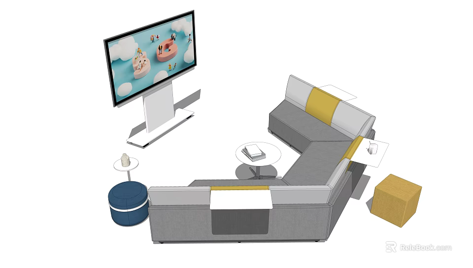 Abstract Shape Sofa In Modern Living Room With TV Round Coffee Table And Side Stool 3d model 