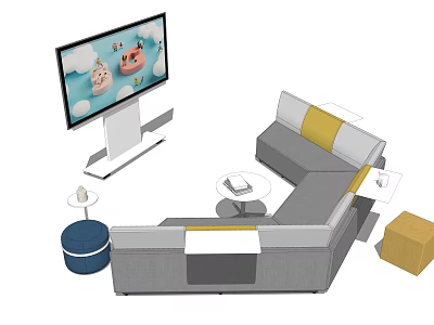 Abstract Shape Sofa In Modern Living Room With TV Round Coffee Table And Side Stool 3d model