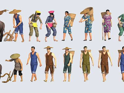 Chinese-style multi-person farmer farming figure buffalo plough ploughman 3d model