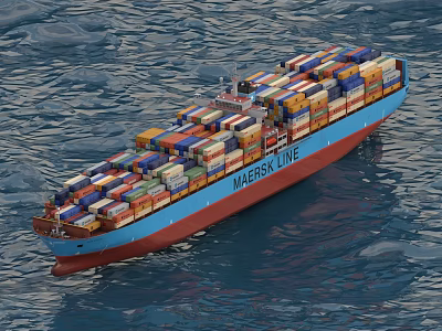 Maersk Line Container Ship With Blue Red Hull And Colorful Containers Sailing On Ocean 3d model