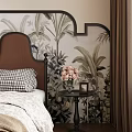 Elegant Modern Bedroom Interior With Brown Headboard Plant Mural Chandelier And Wooden Furniture