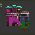 Multi Story Rustic House Model With Sloped Roof Wooden Structure Glass Panels Balconies And Staircase