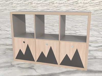 Wooden Bookshelf With Multiple Compartments Cabinet Doors And Black Mountain Patterns On Marble Floor 3d model