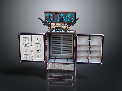 Vintage Industrial Style Guns Display Cabinet With Open Doors And Neon Sign 3d model