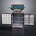 Vintage Industrial Style Guns Display Cabinet With Open Doors And Neon Sign