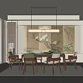 Modern Chinese Restaurant Interior With Wooden Dining Table Chairs Pendant Lights And Flower Bird Painting